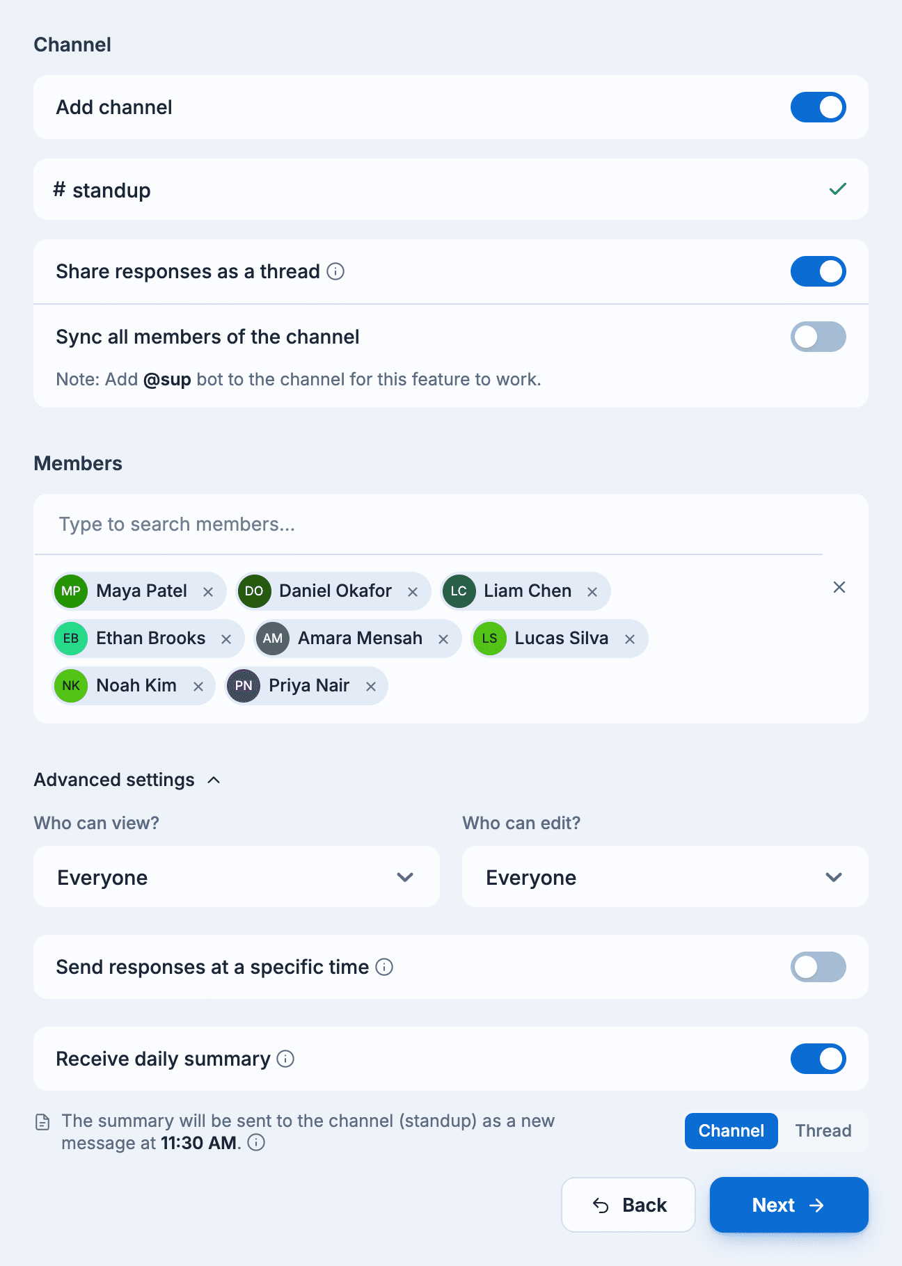 The Channels & members step: the #standup channel with threads on, eight members, and the advanced settings open