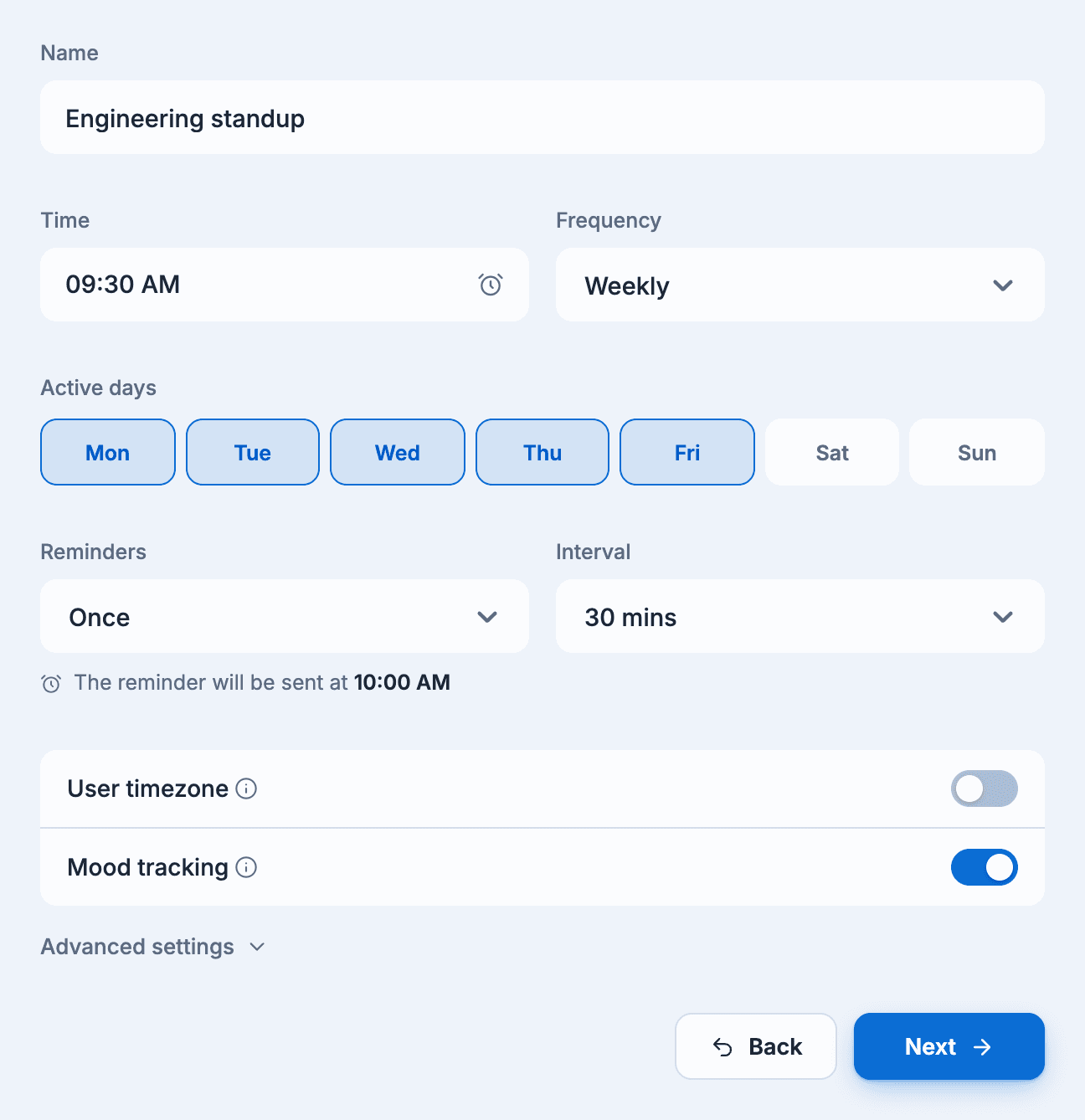 The Name & schedule step: a weekday 9:30 AM follow-up with one reminder after 30 minutes and mood tracking on