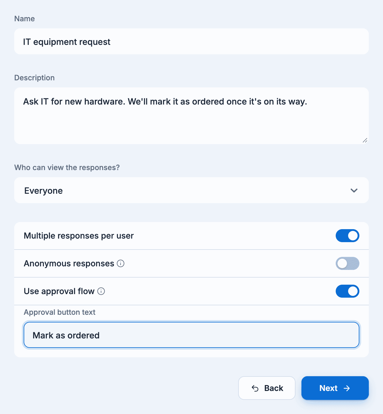 The form Details step: name, description, who can view the responses, and the response switches with an approval button text