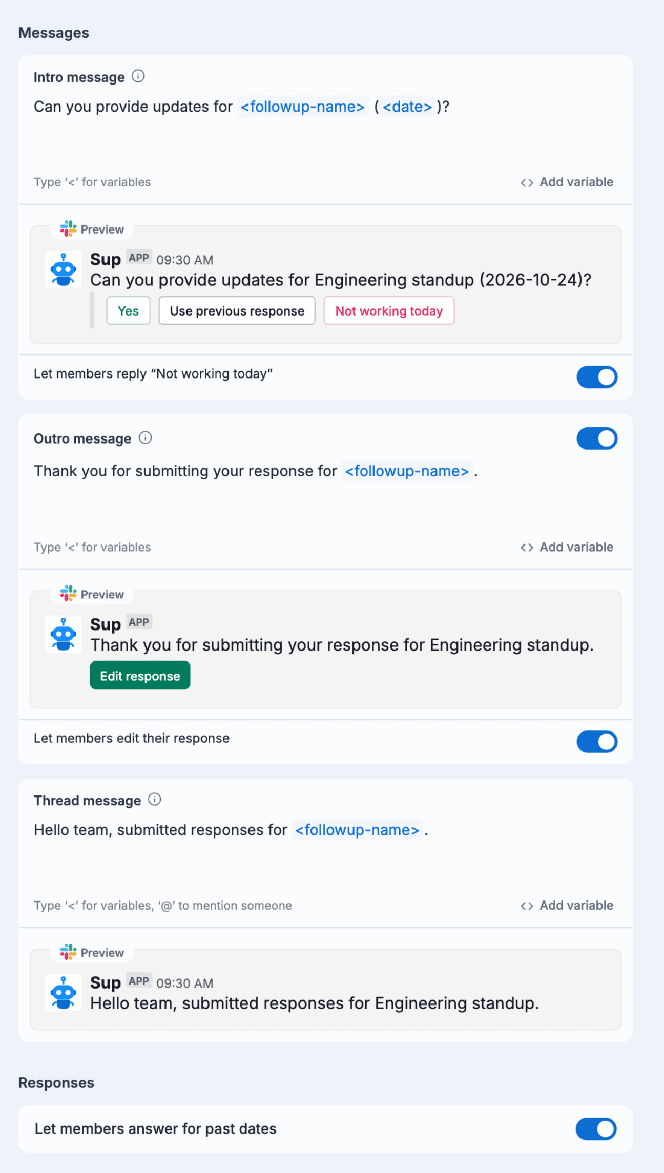 The Messages & responses step: intro, outro and thread messages, each with a Slack preview, and the response options