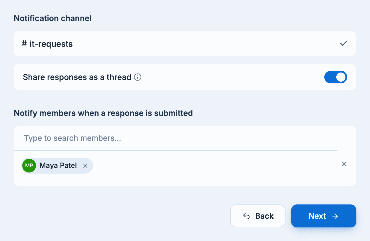 The Notifications step: responses posted to #it-requests in a thread, and Maya Patel notified of each submission