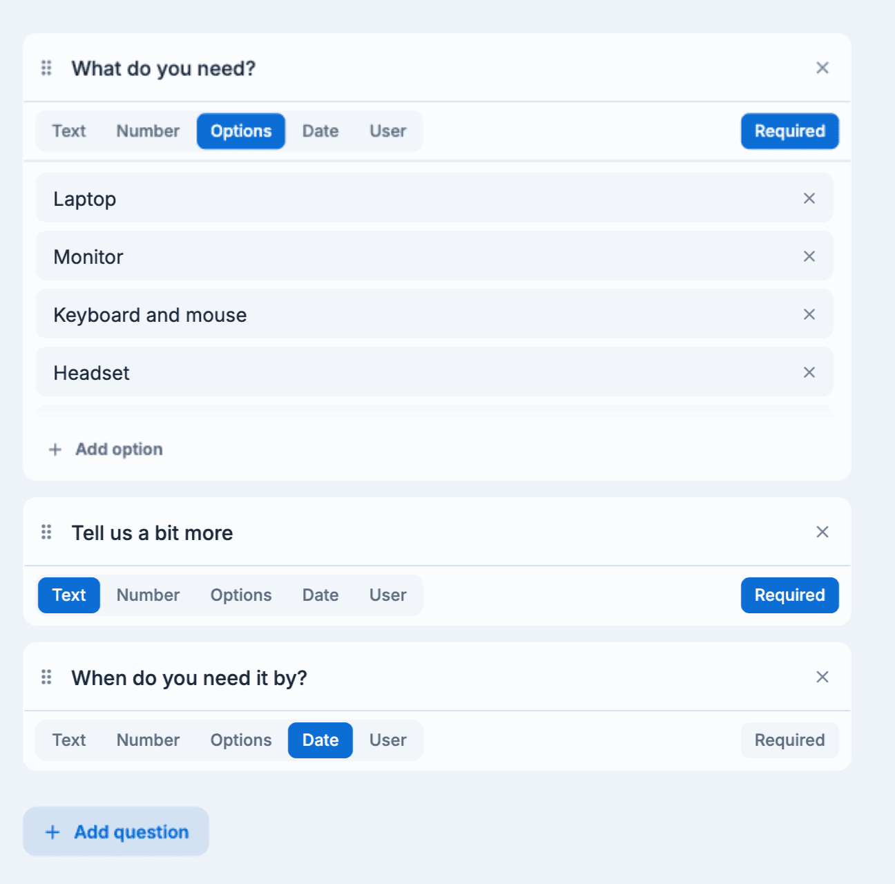 The Add questions step: an Options question with five choices, a required text question and a date question