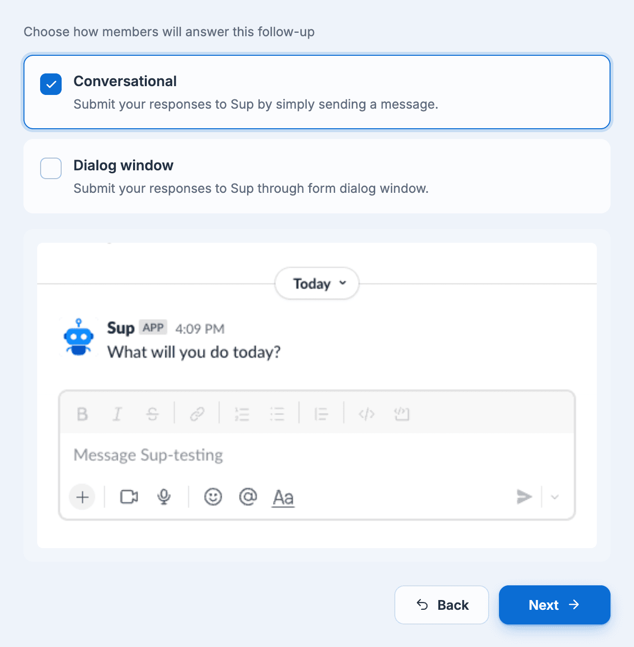 The interaction type step with Conversational selected and a preview of the conversation in Slack