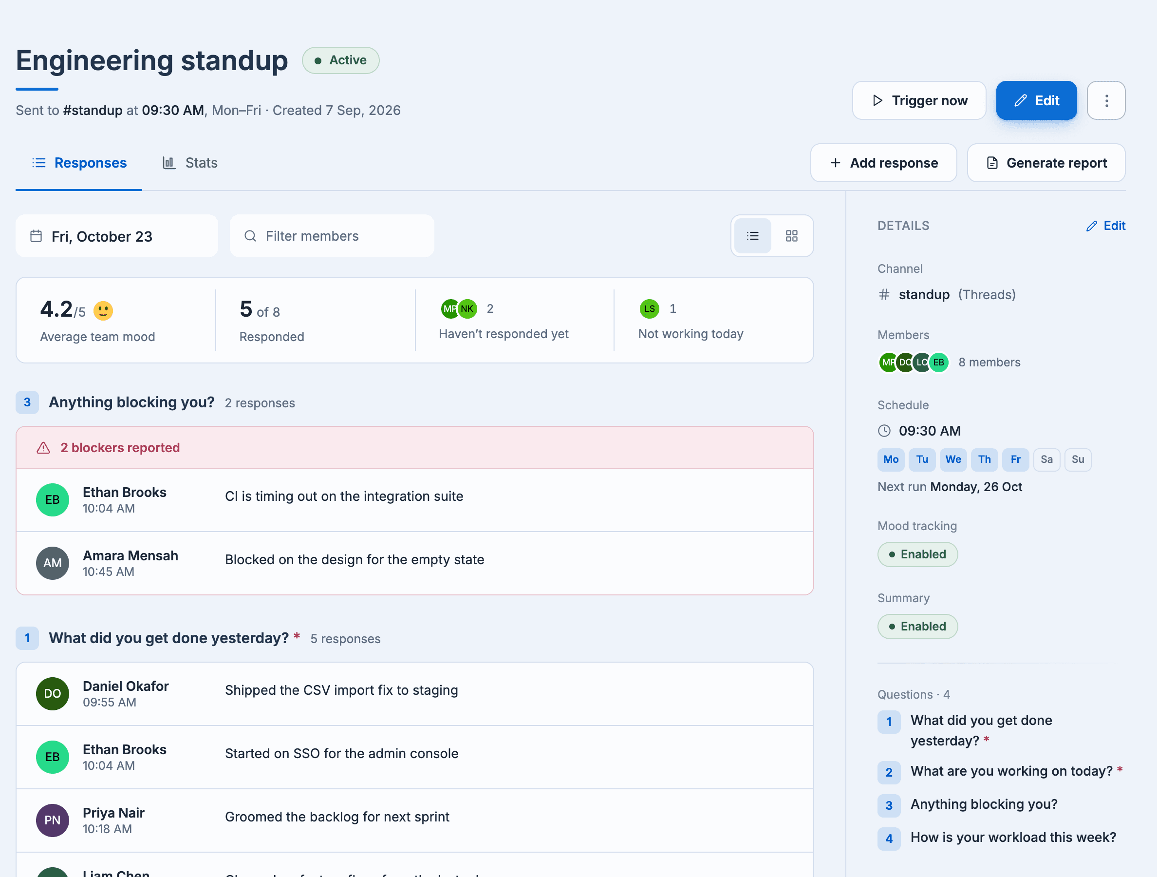 The Engineering standup page on Friday, October 23: mood 4.2/5, 5 of 8 responded, two blockers reported, and the Details panel