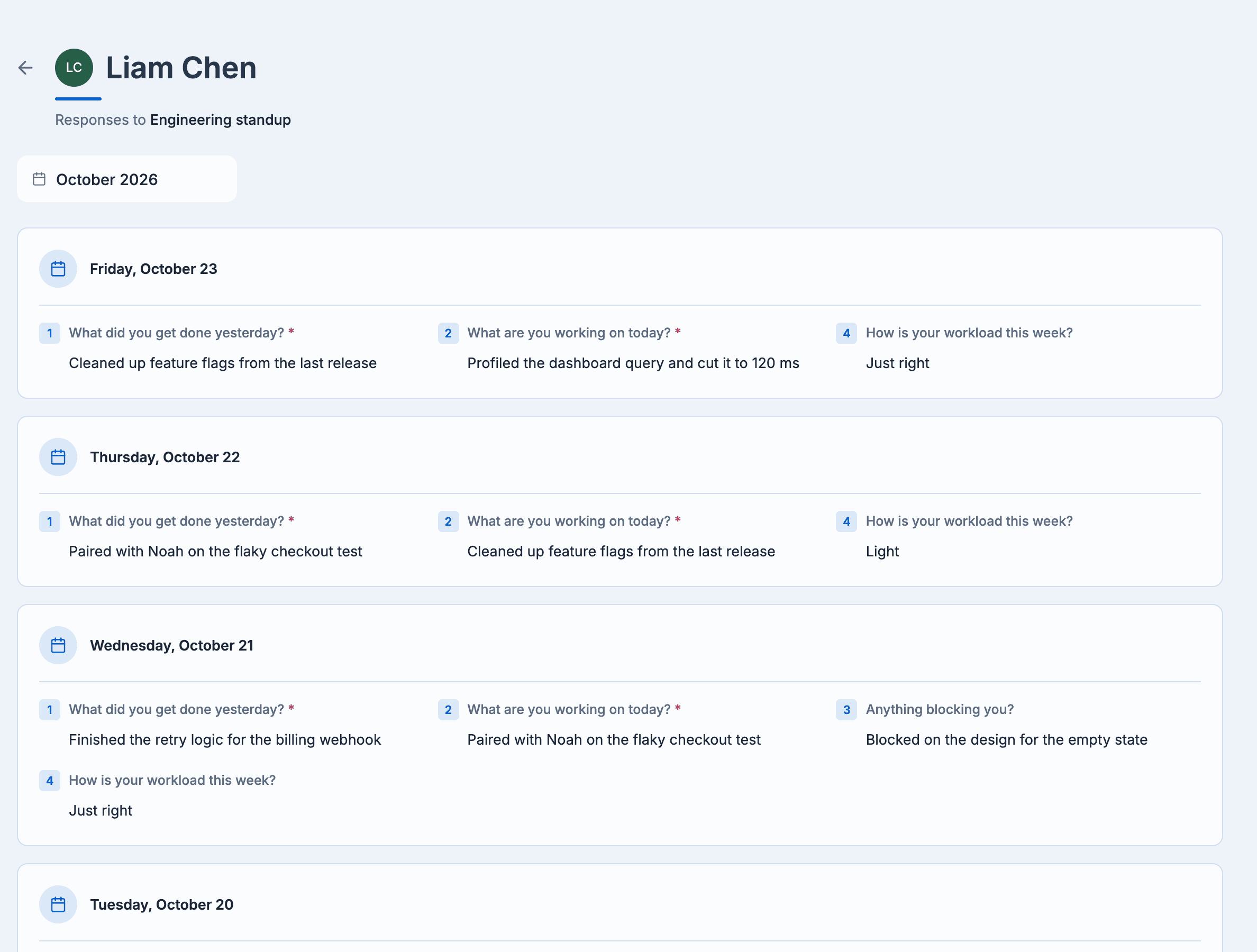 Liam Chen's responses to Engineering standup for October 2026, one card per day