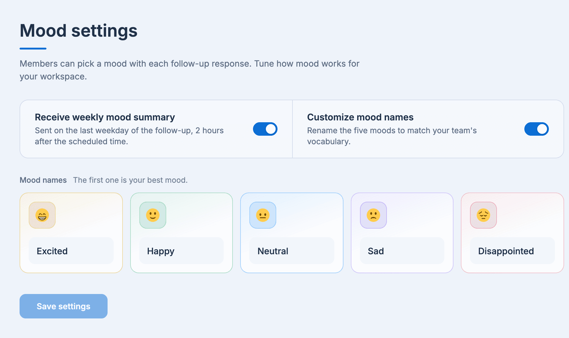 The Mood settings tab: Receive weekly mood summary and Customize mood names switches, and the five mood names