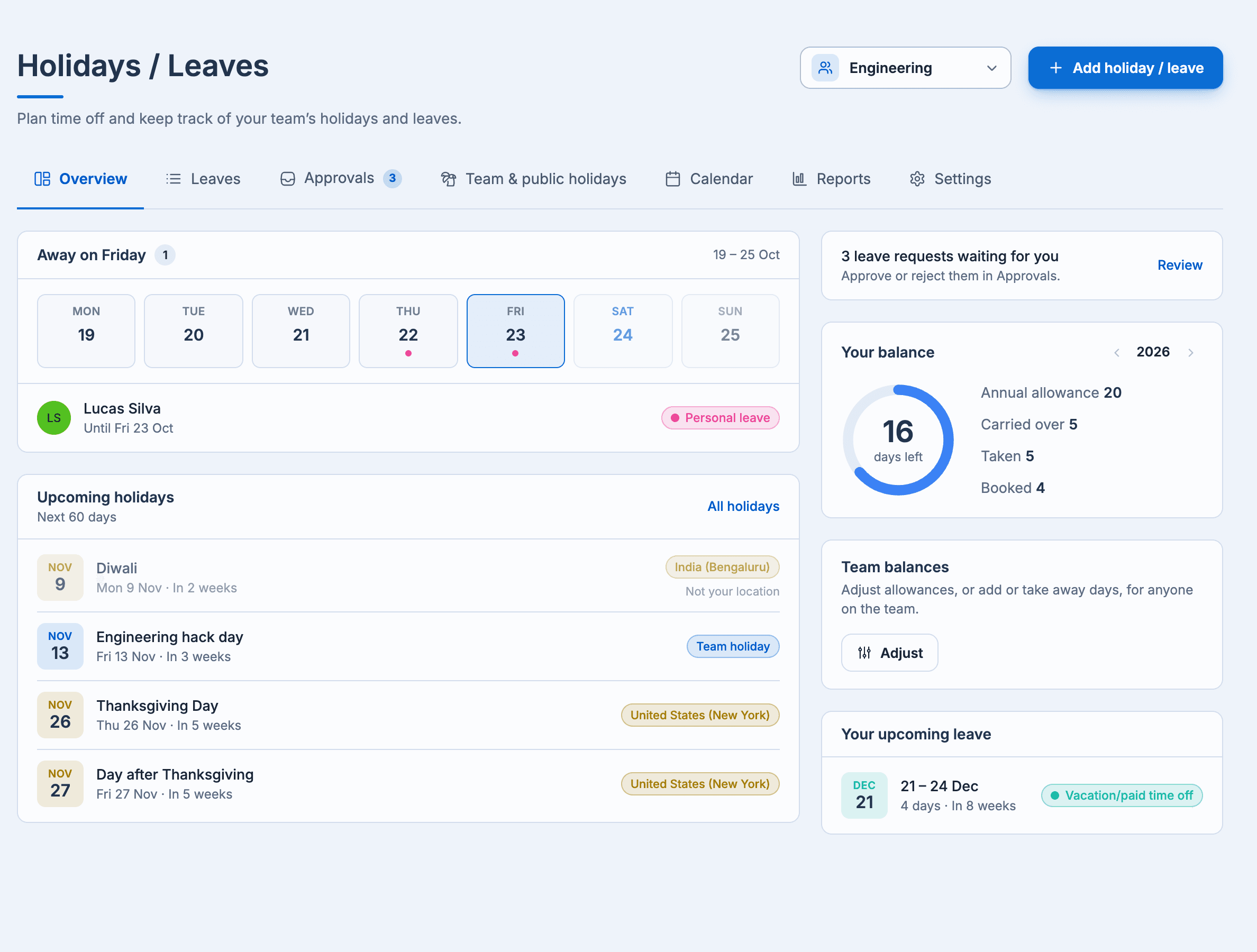 The Holidays / Leaves Overview: who's away this week, upcoming holidays, three requests waiting, your balance and your upcoming leave
