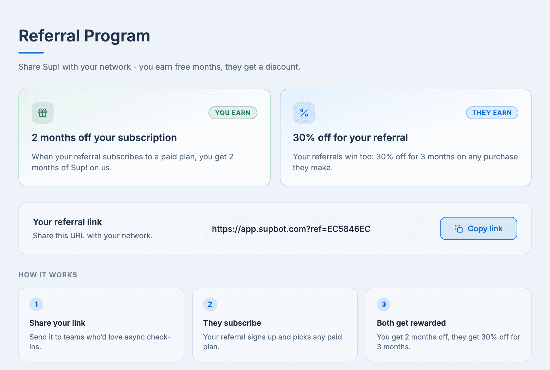 The Referral Program tab: what you and your referral earn, your referral link with Copy link, and how it works