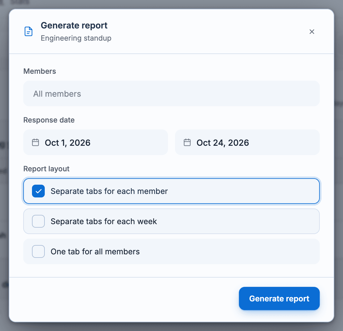 The Generate report dialog for Engineering standup: all members, Oct 1 to Oct 24, 2026, one tab per member