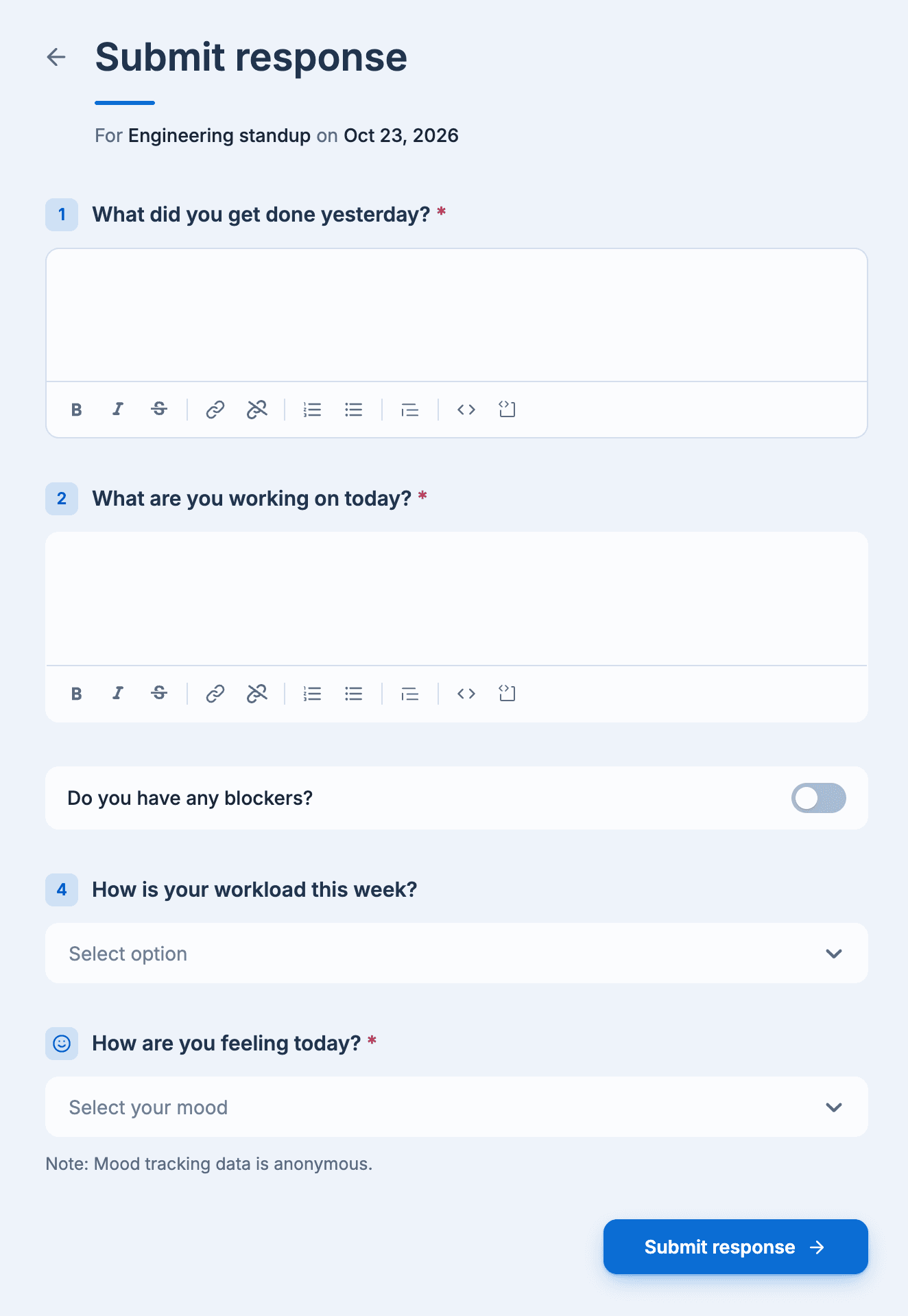The Submit response page for Engineering standup on Oct 23, 2026, with two text questions, the blockers switch, an Options question and the mood question
