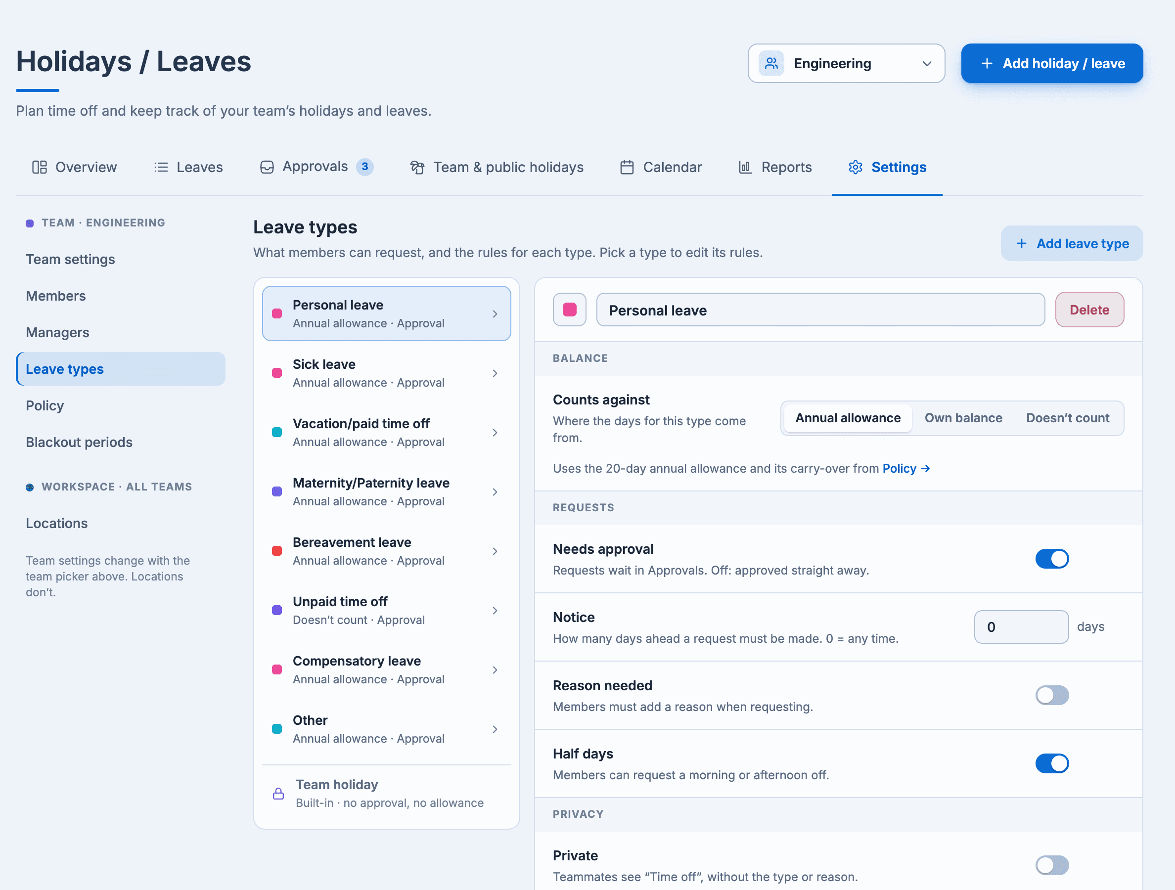 Settings > Leave types: the team's leave types with how each is counted, and the editor for one type