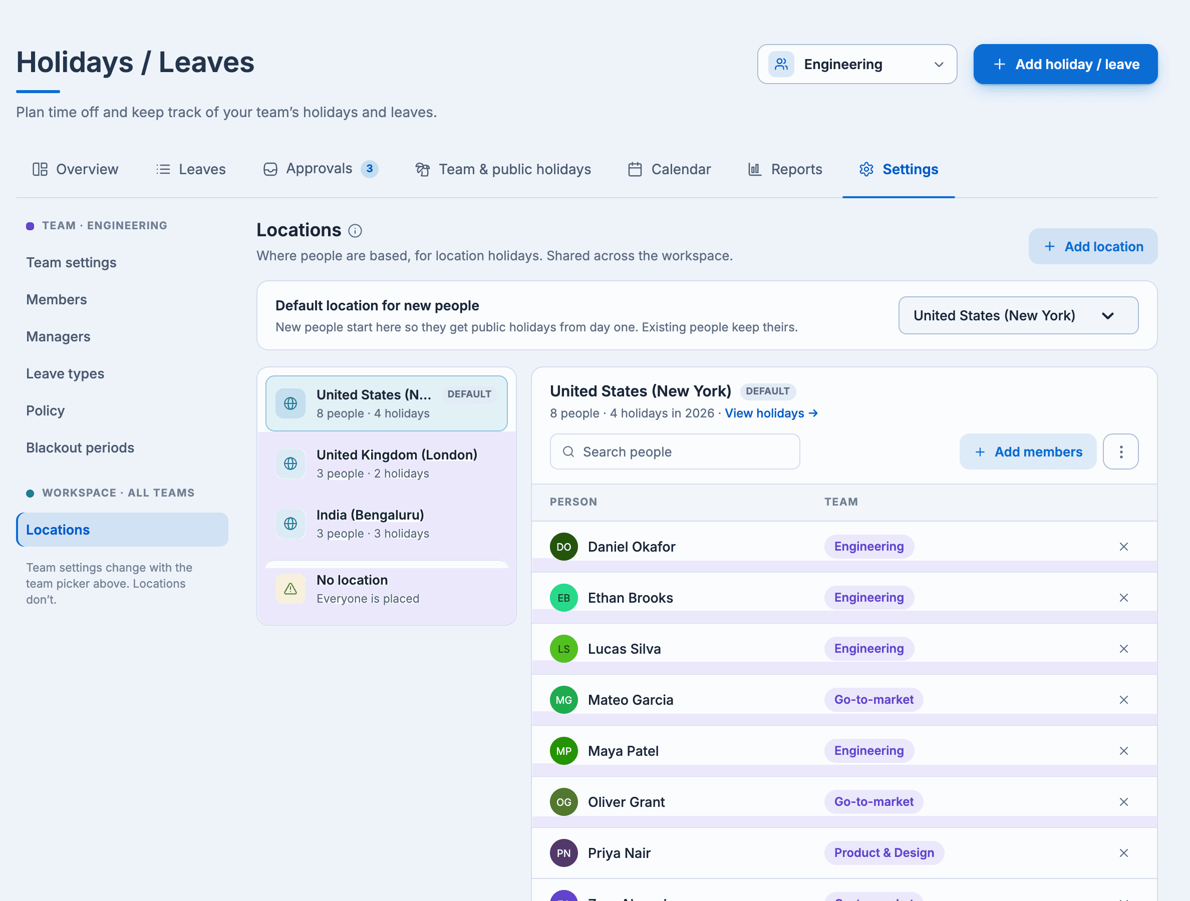 Settings > Locations: the workspace's locations, the default location for new people, and the people based at one location