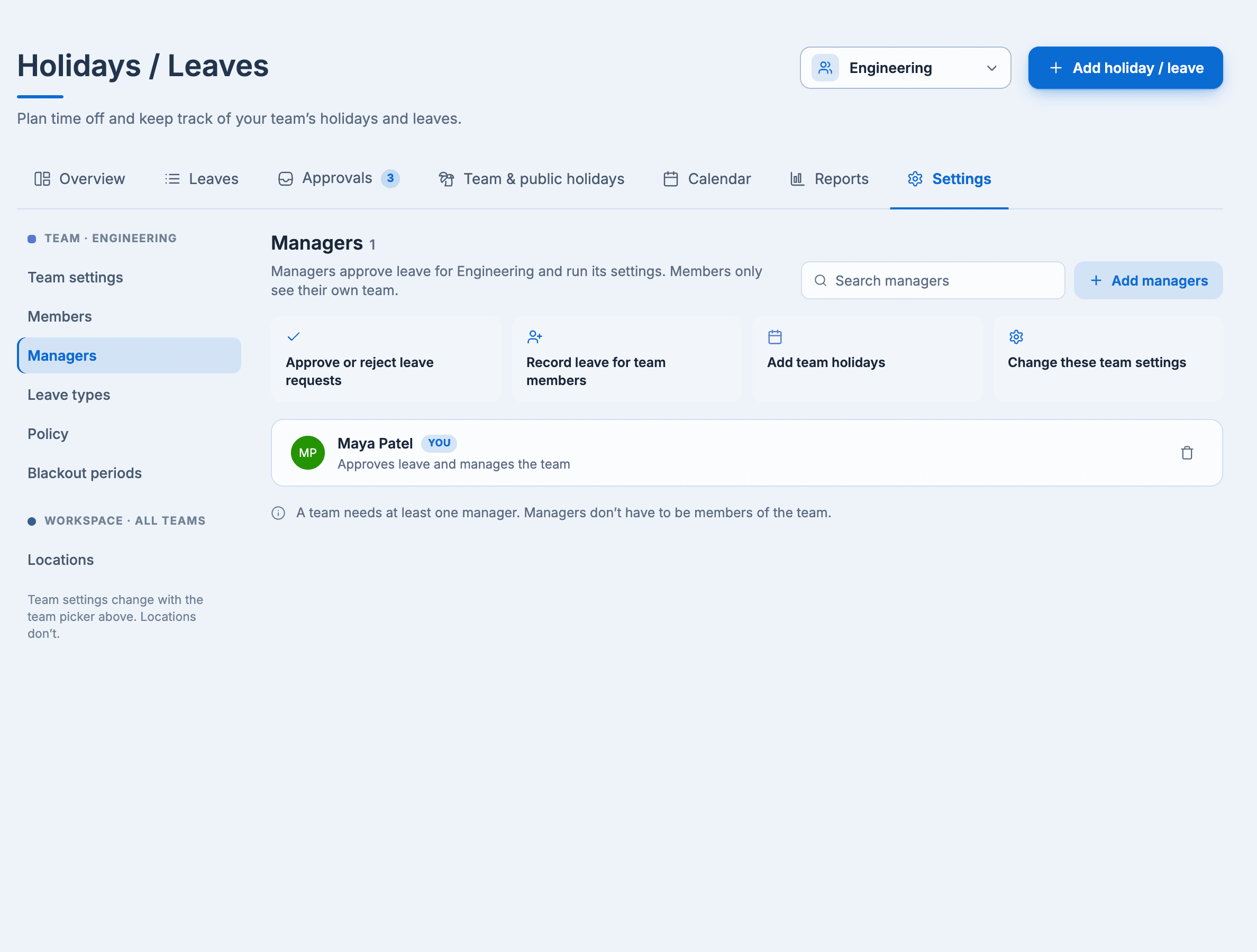Settings > Managers for the Engineering team, with what managers can do