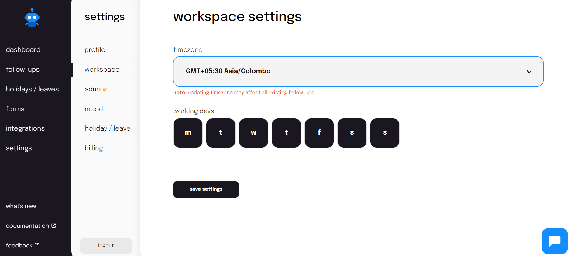 Settings page