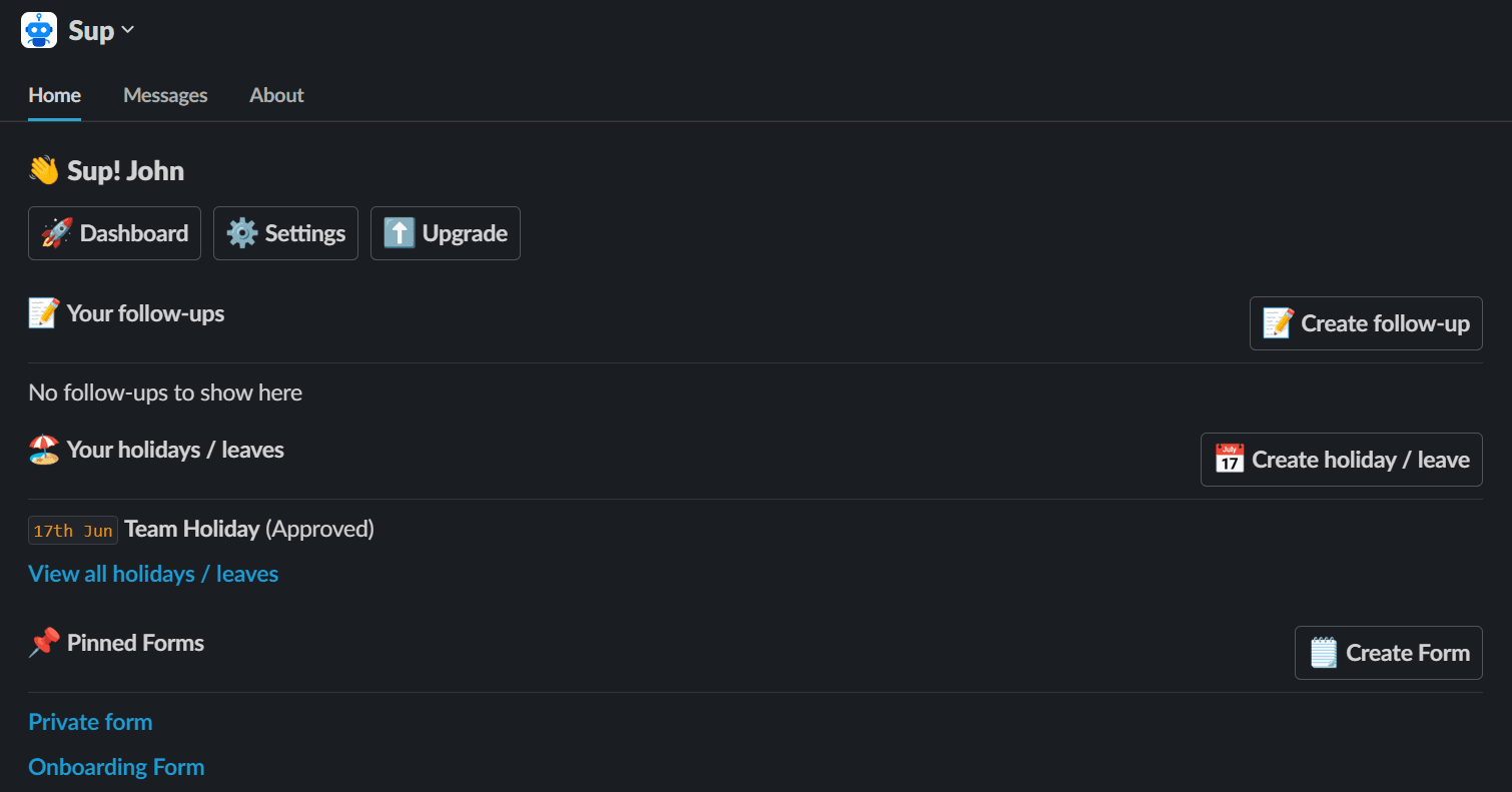 Sup bot Slack home page