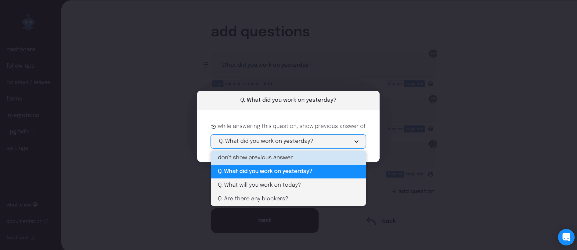 Sup bot | Previous answer setting