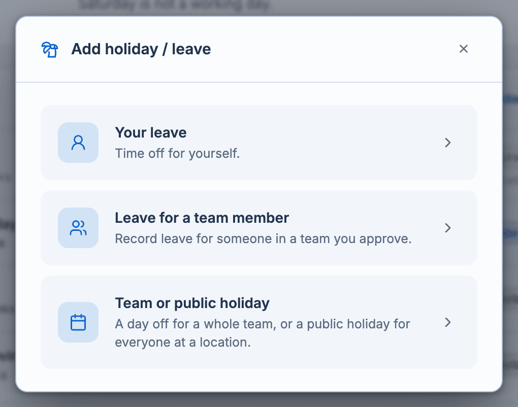 The Add holiday / leave chooser: Your leave, Leave for a team member, and Team or public holiday
