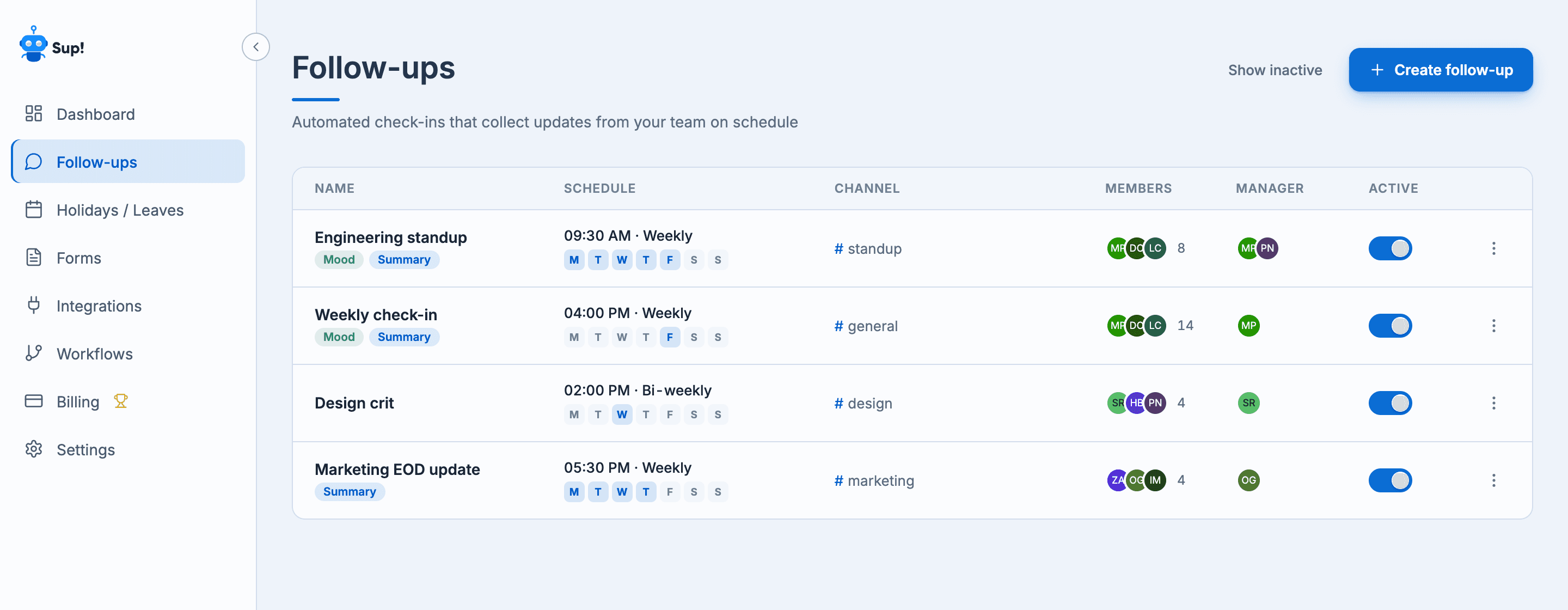 The Follow-ups list with four follow-ups, their schedules, channels, members, managers and Active switches