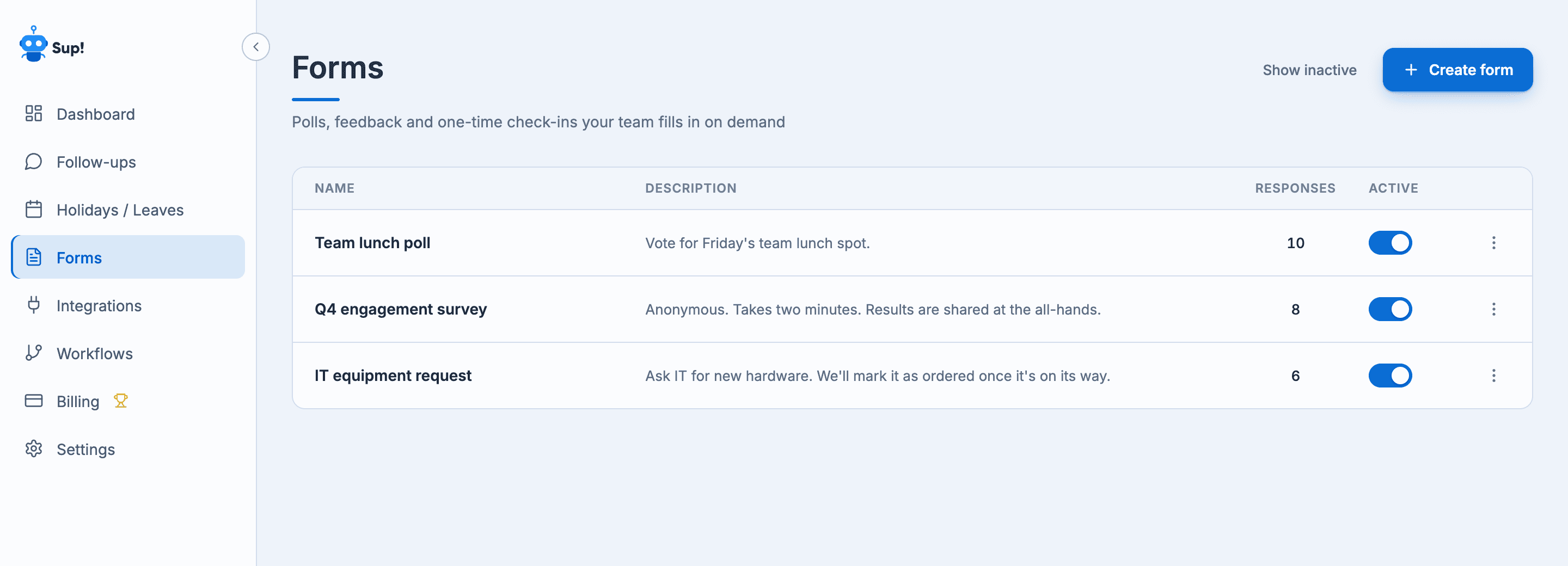 The Forms list with three active forms, their descriptions, response counts and Active switches