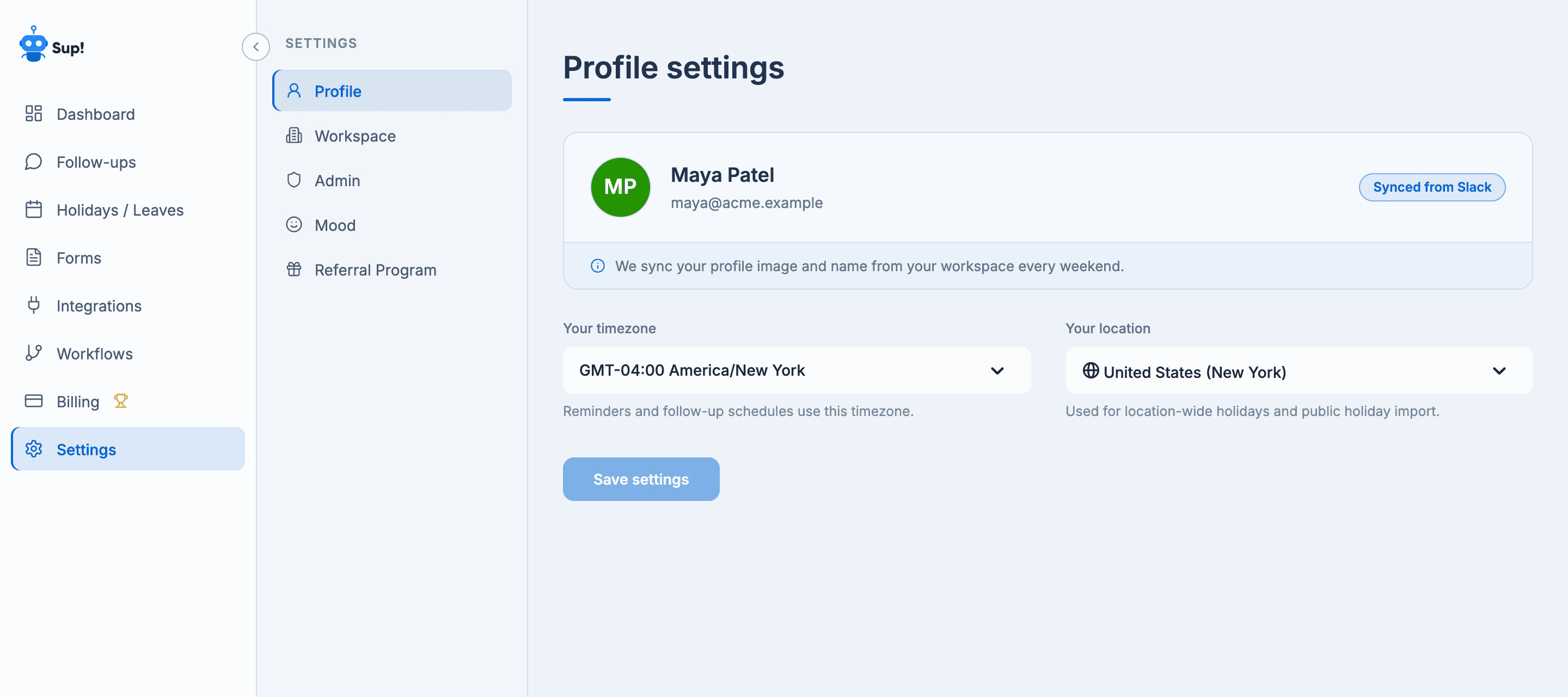The Settings page on the Profile tab, with the Profile, Workspace, Admin, Mood and Referral Program tabs on the left